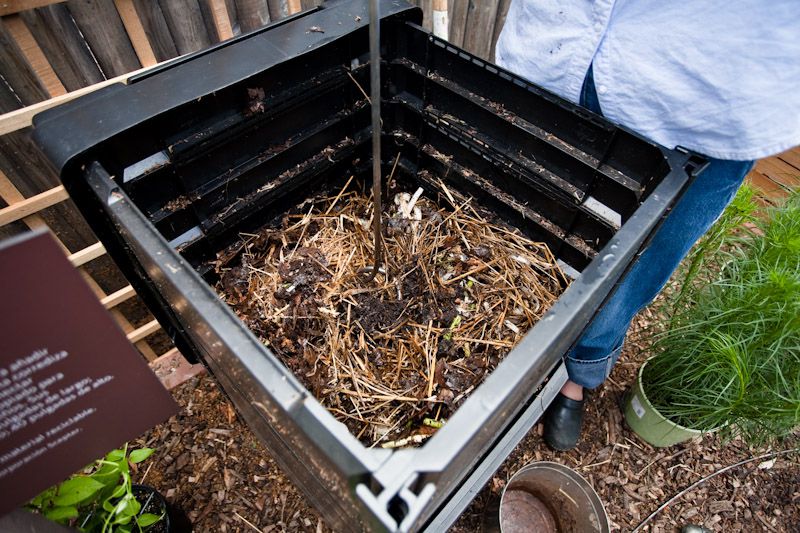 You should also mix your compost pile regularly—once a week, which shouldn't take you more than 5 minutes at a time for smaller bins. But the more you mix, the more oxygen your're adding and the faster your pile will break down.